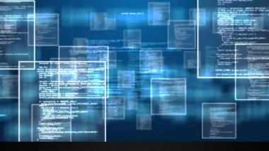 Mavi arkaplanda veri işleme animasyonu. küresel ağlar, bağlantılar, veri işleme ve dijital arayüz kavramı dijital olarak oluşturulmuş video.