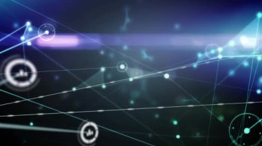 Koyu arkaplandaki ışıkların üzerindeki simgelerle bağlantı ağının animasyonu. küresel bağlantılar, veri işleme ve dijital arayüz konsepti dijital olarak oluşturulmuş video.