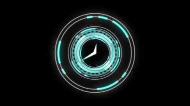 Siyah arkaplanda saatle tarama animasyonu. küresel bağlantılar, veri işleme ve dijital arayüz konsepti dijital olarak oluşturulmuş video.