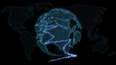 Dönen küre animasyonu ve siyah zemin üzerinde ışık izleri. küresel iş, veri işleme, bağlantılar ve dijital arayüz konsepti dijital olarak oluşturulmuş video.