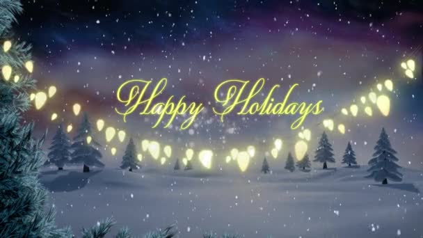 Animation Season Greetings Christmas Fairy Lights Snow Falling Winter Landscape — Stock Video