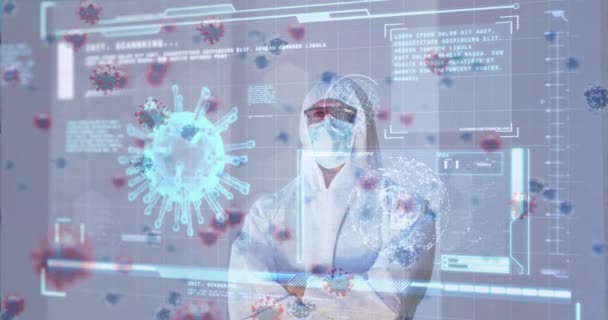 男医生戴口罩时病毒细胞和数字界面的动画 全球医学 医疗保健和技术在虚拟现实中的应用 — 图库视频影像