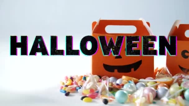 Animación Saludos Halloween Sobre Múltiples Caramelos Cajas Fondo Halloween Tradición — Vídeos de Stock