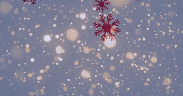 Анимация Пятен Света Над Падающими Красными Снежинками Рождество Традиции Концепция — стоковое видео