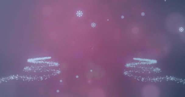 Анимация Снега Падающего Над Светящимися Рождественскими Деревьями Рождество Традиции Концепция — стоковое видео
