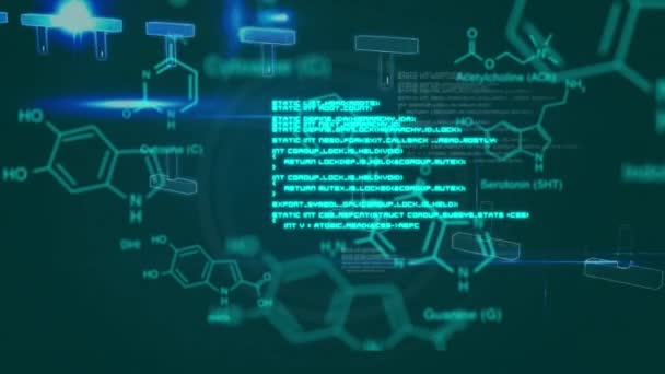 Анимация Химических Формул Обработки Данных Темно Синем Фоне Химия Наука — стоковое видео