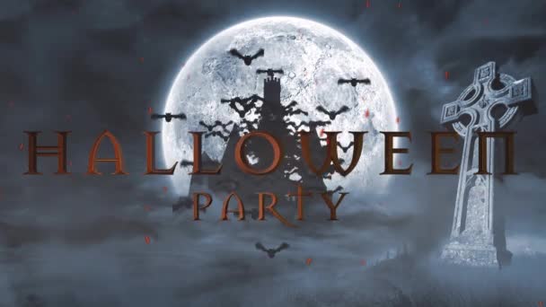 Animação Halloween Partido Texto Sobre Morcegos Voando Cemitério Castelo Halloween — Vídeo de Stock