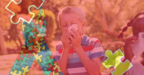 Animation Colourful Puzzle Pieces Ribbon Children Blowing Noses Autism Learning — Stock Video