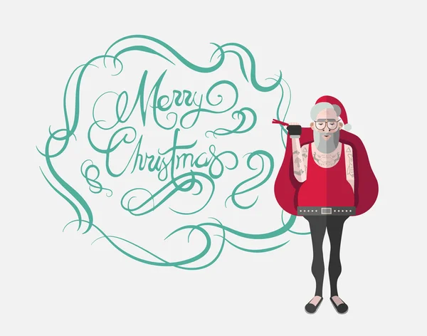 Merry christmas message vector in cursive green with hipster san — Stock Vector