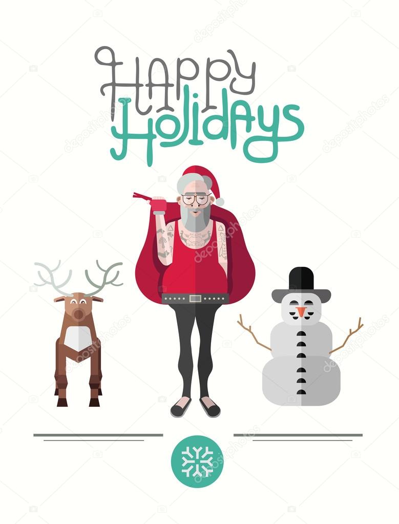 Happy holidays message vector with hipster illustrations