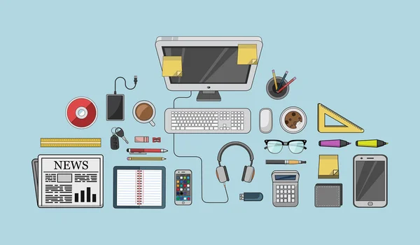 Desk with computer and other accessories vector — Stock Vector