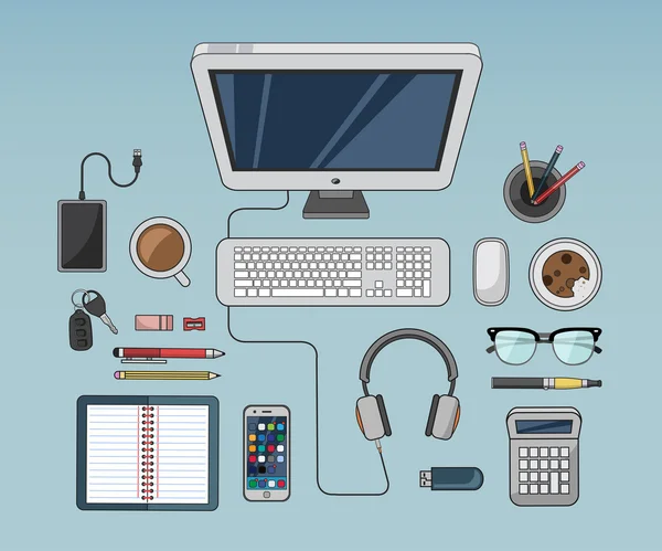 Desk with computer and other accessories vector — Stock Vector