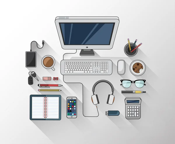 Desk with computer and other accessories vector — Stock Vector