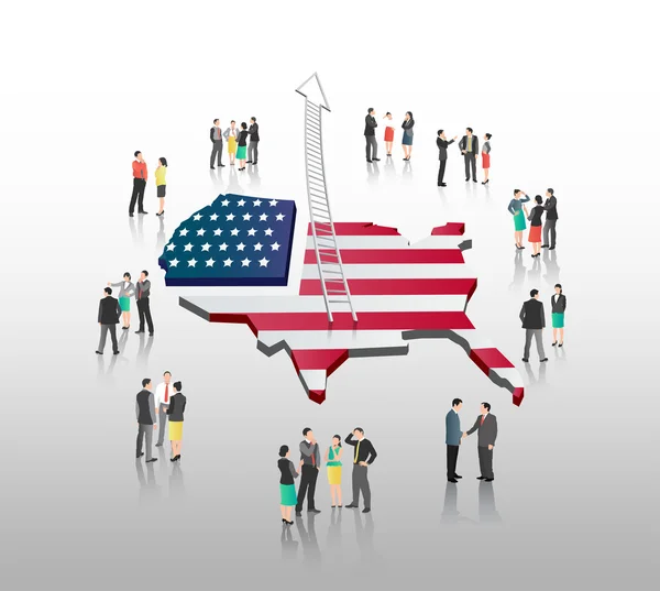 Geschäftsleute stehen mit Leiterpfeil und amerikanischer Flagge — Stockvektor