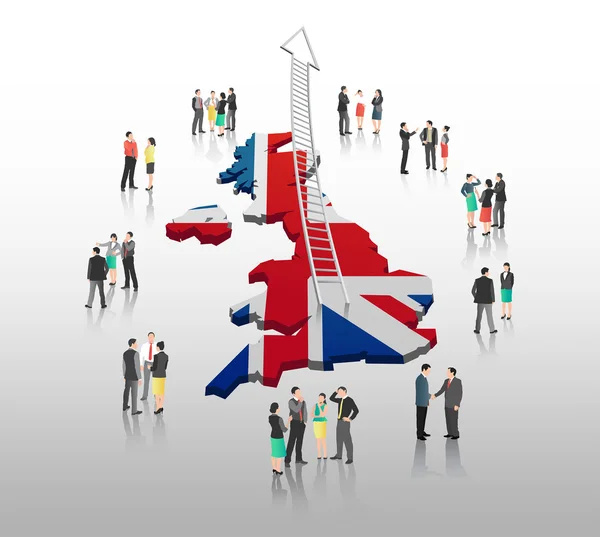Gente de negocios de pie con flecha escalera y bandera británica — Vector de stock