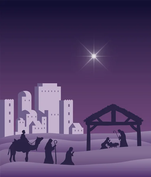 星空の下でキリスト降誕シーンのベクトル — ストックベクタ