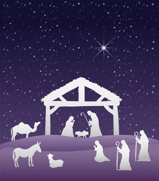 星空の下でキリスト降誕シーンのベクトル — ストックベクタ
