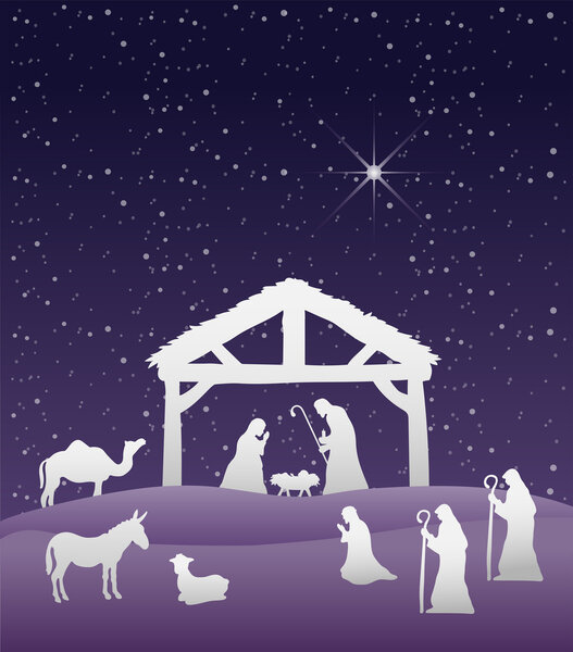 Nativity scene vector under starry sky