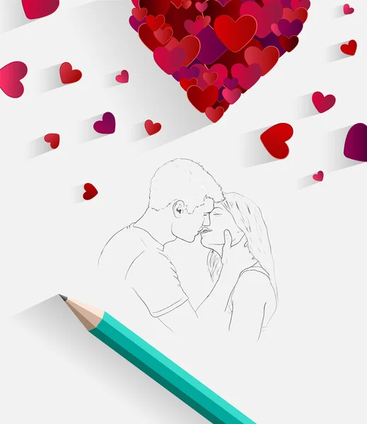 Sketch of kissing couple with pencil — Stock Vector