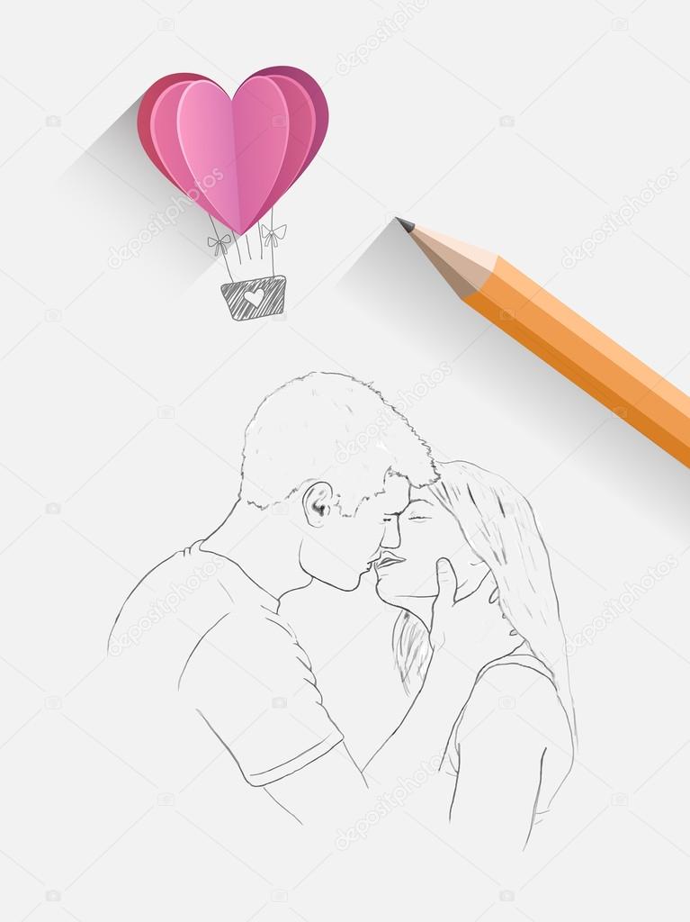 Sketch of kissing couple with pencil