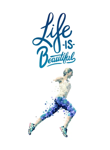 Mujer corriendo y texto La vida es hermosa — Vector de stock