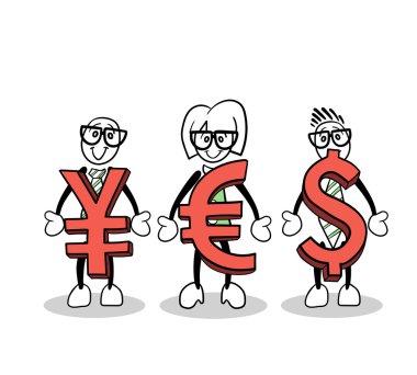 Para birimi simgelerini tutan karikatürler