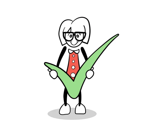 Cartoon holding green tick — Stock Vector