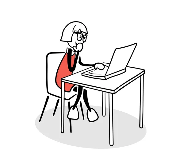 Bonito mulher de negócios dos desenhos animados usando laptop — Vetor de Stock