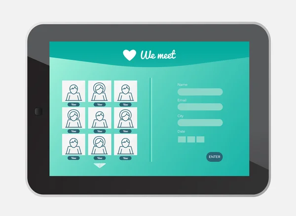 Namoro interface aplicativo na tela do tablet — Vetor de Stock