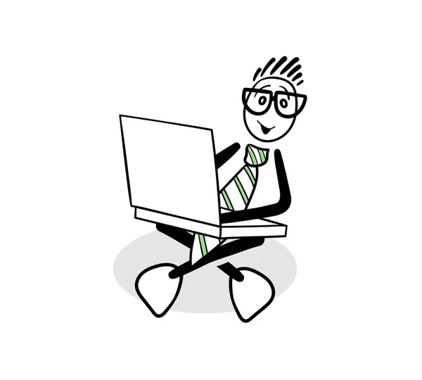 Cute cartoon businessman using laptop — Stock Vector