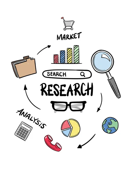 Concepto de iconos de investigación coloreados — Archivo Imágenes Vectoriales