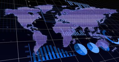 Gösterge paneli üzerinde süzülen mor dünya haritası, ızgara ve ölçek çizgileri, mavi çizelgeler, üst üste çizgiler. Teknoloji, veri analizi, analitik, dijital, gelecekçi, yenilik, görselleştirme