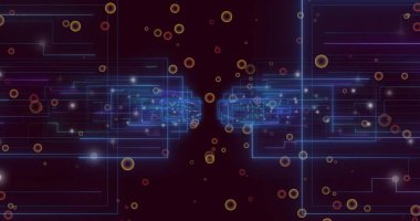 Neon çizgileri ve parlayan kürelerle stilize edilmiş sanal alanda soyut ikili devre kümeleri oluşturuyorlar. Teknoloji, yenilik, fütürizm, dijital sanat, sibernetik, ağ, görselleştirme
