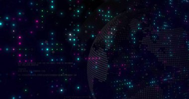 Dijital uzayda yüzen stilize edilmiş dijital küre, renkli veri kümeleri ve ikili pikselleri gösteriyor. Fütürist, soyut, teknoloji, veri, ağ, yenilik, ağ