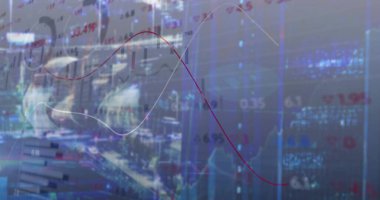 Ticaret katının üzerinde asılı duran, şamdanları, bar çizelgelerini ve hisse fiyatlarını gösteren bir kaplama. Finans, analitik, teknoloji, yatırım, veri, iş, dijital