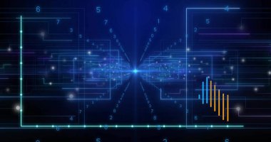 Parlayan düğümler ağ boşluğundaki deniz mavisi çubuğu grafikleri aracılığıyla neon akımları yolluyor. Teknoloji, veri görselleştirme, dijital, geleceksel, bağlantı, yenilik, siber