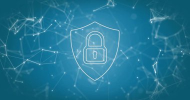 Ağ hatları ve düğümleri ile mavi gradyan zemin üzerinde yüzen asma kilit gösteriliyor. Siber güvenlik, koruma, dijital, güvenlik, teknoloji, yenilik, veri