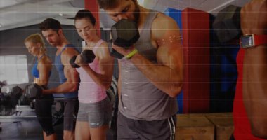 Spor kıyafetleri giyen spor meraklıları spor salonunda halterlerle biseptik kıvrımlar yapıyorlar. Kas, güç, eğitim, dayanıklılık, spor, sağlık