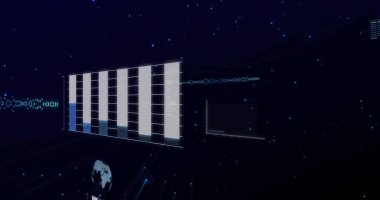 Izgara biçimli çizgi grafiği ve veri akışlarıyla, karanlık arayüzde süzülen 3D bar grafiği gösteriliyor. Veri görselleştirme, fütüristik, dijital, analitik, teknoloji, büyüleyici, holografik