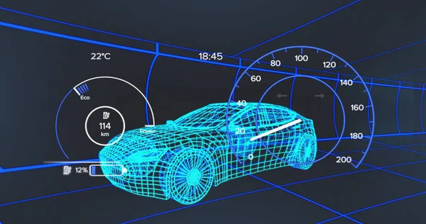 Hız eko bataryalarının menzilini gösteren göstergelerle mavi telli araçla karanlık şebeke tünelinde geziniyorum. Fütürist, dijital, 3D, otomotiv, teknoloji, sanal, modernize edilmiş