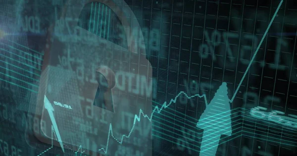 Veri ızgarası, akış kodu ve ok grafiği üzerinde anahtar deliği bulunan yarı saydam asma kilit gösteriliyor. Siber güvenlik, veri koruması, dijital güvenlik, analitik, yenilik, finans, teknoloji