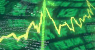 Gösterge panelinde sarı zigzag çizelgesi izleme trendleri gösteriliyor, üzerinde sayısal etiketler ve işaretler var. Finans, veri görselleştirme, analitik, teknoloji, borsa, yatırım, dijital arayüz