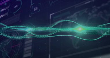 Yüksek çözünürlüklü paneller ve harita hatlarıyla dijital gösterge panelinde dalgalanan parlayan yeşil dalga biçimi gösteriliyor. Gelecek, teknoloji, veri, görselleştirme, arayüz, dijital, analitik