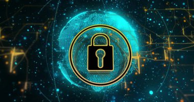 Altın dairesel çerçeve, ağ düğümleri, devre çizgileri ile parlayan dünyadan önce asma kilit simgesi gösteriliyor. Siber güvenlik, dijital güvenlik, veri rotasyonu, ağ altyapısı, bilgi teknolojisi