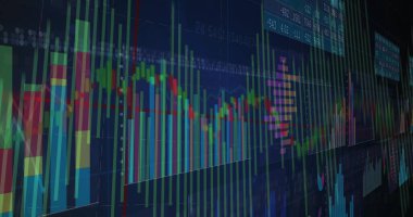 Mum desenleri, çubuk ve çizgi grafikleri ve üstüste bindirmeleri gösteren sanal ticaret paneli gösteriliyor. Teknoloji, finans, analitik, yatırım, veri görselleştirme, dijital arayüz, borsa