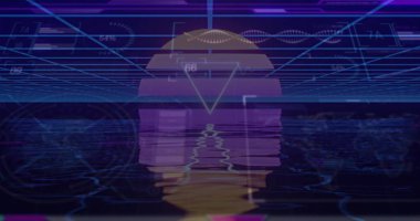 Parlayan neon güneş, fütüristik uzayda neon şebekesi ve UI elementleriyle arızalı suya yansıyor. Siber uzay, dijital, fütüristik, canlı, geometrik, daldırıcı, yüksek teknoloji