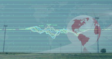 Kırsal rüzgar türbinlerinin üzerinde süzülen küreyi, şebeke örtüsü ve dalga şeklindeki veri hatlarını gösteriyor. Yenilenebilir enerji, analitik, dijital, sürdürülebilir, teknoloji, görselleştirme