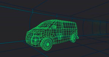 Dönen kablo karavan modeli zemin çizgileri ve eğri şebeke duvarlarıyla dijital ızgara tünelinde geziniyor. Fütürist, teknoloji, görselleştirme, 3D, dijital, siber, soyut