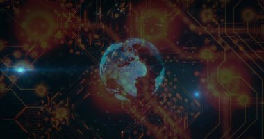 Ağ içinde dönen ve titreşen dijital küre, devre izleri, parlayan düğümler ve mercek fişekleri. Gelecek, teknoloji, bağlantı, siber alan, yenilik, dijital, soyut