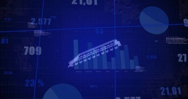 Gösterge panelinde şematik tren vagonu, aylık bar şeması, pasta çizelgesi, ızgara çizgileri, kod akışları gösteriliyor. Teknoloji, veri, analitik, mühendislik, dijital, endüstriyel, görselleştirme